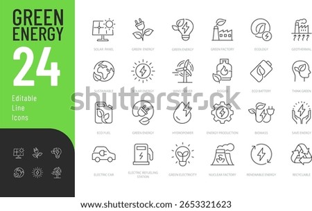 Green Energy Editable Icons set. Vector illustration in modern thin line style of ecology related icons: solar panel, green factory, wind power, and more. Isolated on transparent background.