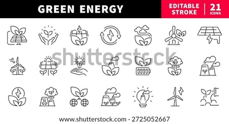 Green energy editable line icons set. renewable and sustainable symbols