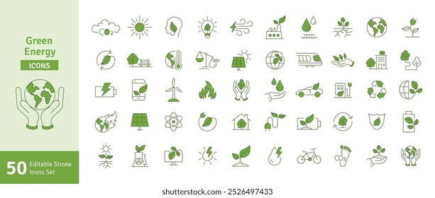 Conjunto de ícones de traçado editáveis de energia verde. Conceito de Tecnologia Verde, Mudanças Climáticas, Neutro em CO2, Questões Ambientais, Símbolos de Qualidade do Ar e da Água na Ilustração de Vetor. Conjunto de ícones de linha.