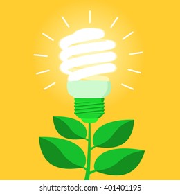 Green energy efficient CFL light bulb. Ecological power saving metaphor. Flat style vector illustration.