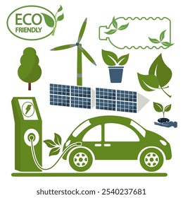 Green energy. Electric car near charging station, swindmills Eco friendly set vector illustration design