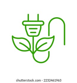 Enchufe verde eléctrico con icono de línea de hoja. Pictograma lineal de recursos de electricidad renovable. Icono De Esquema De Tecnología Sostenible De Energía Ecológica. Stroke editable. Ilustración de vectores aislados.
