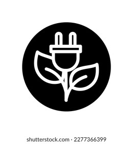 green energy electric plug with leaf environment white outline icon