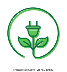 Green Energy Electric Plug with Leaf Pictogram. Eco Electricity Renewable Resource Icon. Save Ecology, Sustainable Power Icon. Editable Stroke. Isolated Vector Illustration.