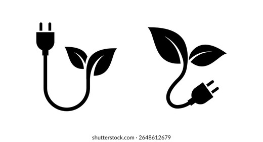 Green energy electric power plug and organic leaf vector icons symbolizing renewable energy sustainability and eco friendly technology solutions for environmental projects.