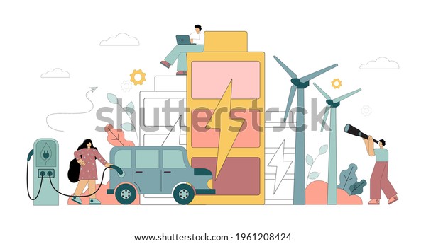 Green energy. Electric energy from renewable\
sources. Solar panels, wind turbines and battery storage. Vector\
illustration on white\
background.