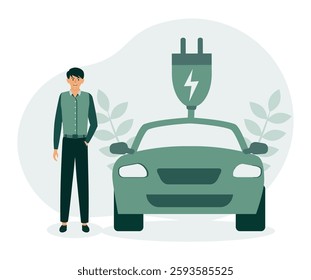 Green energy and electric transport concept. Electric car with a plug located on top, surrounded by leaves, and a male standing to it representing environmental conservation and sustainable energy.