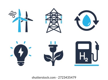 Green Energy and Electrical Infrastructure icon set. Solid glyph series icons