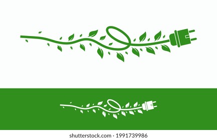 Green energy electricity, electric plug icon sign with cable and leaf vector Illustration