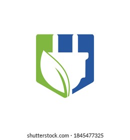 Green energy electricity logo concept. Electric plug icon with leaf.	
