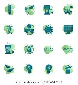 Green energy elements collection, ecology flat icons set, Colorful symbols pack contains - solar panel, bio, lamp, plant leaf.  Vector illustration. Flat style design