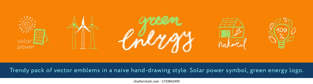 Green energy emblem in hand-drawing naive style. Vector illustration of wind turbines and solar power farms. Renewable energy concept. Alternative energy with solar panels logo. Global warming.