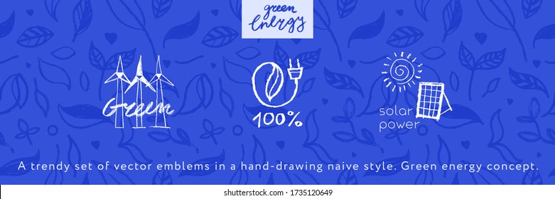 Green energy emblems in doodle style on herbal pattern background. Vector ink illustration of wind turbine and solar power farm. Renewable energy concept. Alternative energy logo set. Global warming.