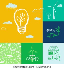 Green energy emblems in doodle style on herb pattern background. Vector ink illustration of wind turbine and solar power farm. Renewable energy concept. Alternative energy logo set. Global warming.