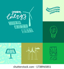 Green energy emblems in doodle style on herb pattern background. Vector ink illustration of wind turbine and solar power farm. Renewable energy concept. Alternative energy logo set. Global warming.
