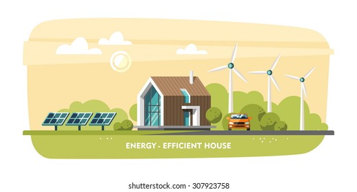 Green energy, energy-efficient house, passive house, Eco house, ecology. Flat design vector concept illustration.