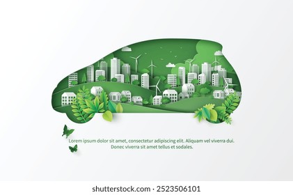 Green energy and environment Concept with eco car shape and green city insidegreen ,vector illustration in paper art style. 