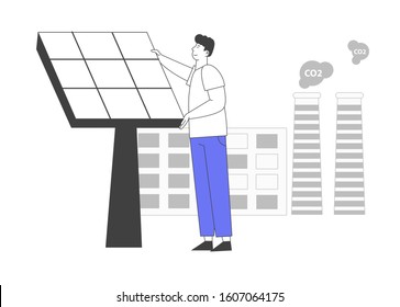 Green Energy Environment Concept. Man Set Up Solar Panel near Factory with CO2 Gas Evolving from Pipes. Renewable Power of Sun, Clean Electricity Development. Flat Vector Illustration, Line Art