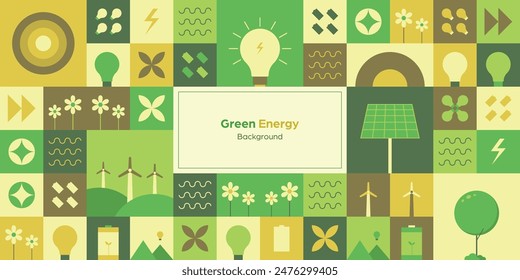 Energía verde y el medio ambiente con una Plantilla de diseño geométrico sin costuras. Formas simples como un árbol, bulbos, flores, pilas y más se presentan en el fondo de mosaico.