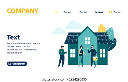 Green energy, environmentally friendly house. energy from solar panels and windmills, concept to save nature. web banner, mobile website, Landing Page Template.