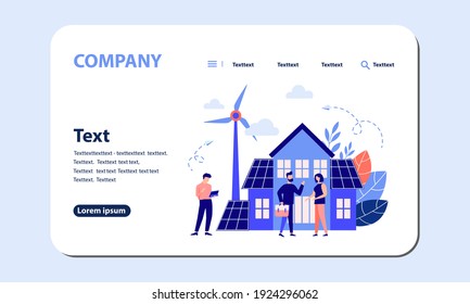 Green energy, environmentally friendly house. energy from solar panels and windmills, concept to save nature. web banner, mobile website, Landing Page Template.