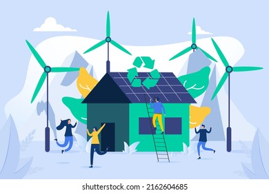 Green energy environmentally friendly traditional house, energy from solar panels and windmills, concept to save nature, vector illustration. Big solar power plant and wind turbines as universal green