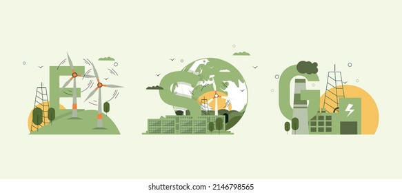 Concepto de energía verde ESG Industria sostenible con ilustración de vector de turbina eólica ambiental sostenible y fuente de energía solar ESG. Vector de conceptos ambientales, sociales y de gobernanza