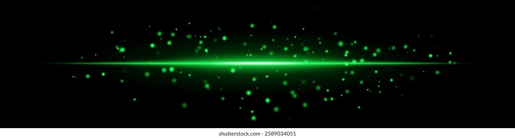 Green energy flare with glowing particles bright horizontal beam on a dark background. The scattered light dots futuristic, high-tech effect, sci-fi, digital visuals, abstract light compositions