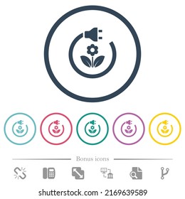 Green energy flat color icons in round outlines. 6 bonus icons included.