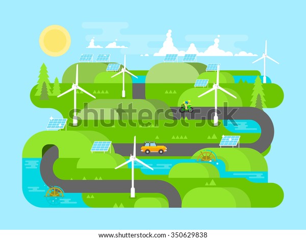 Green energy flat\
design. Ecology, and environment, water and natural resource. Flat\
vector illustration