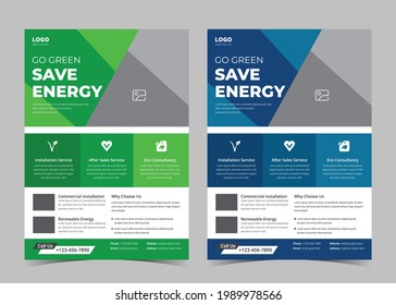 Green energy flyer design. Solar energy leaflet template. Go green save energy poster flyer design