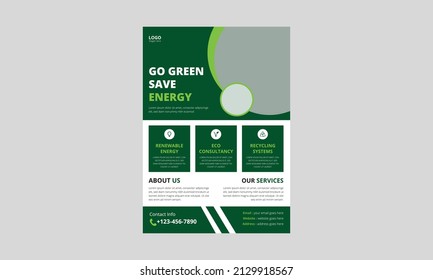 Green energy flyer design. Solar energy leaflet template. Green save energy poster flyer design. cover, A4 size design