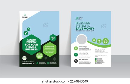 Green energy flyer templates and solar panel business poster layout design