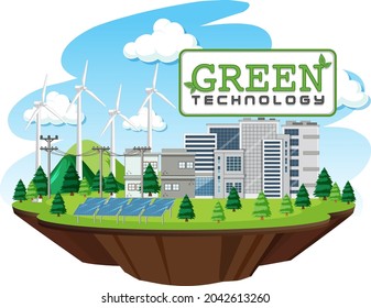Green energy generated by wind turbine and solar panel illustration