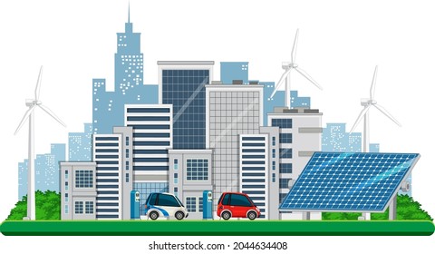 Green energy generated by wind turbine and solar panel illustration