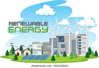 Energía verde generada por turbinas eólicas e ilustración del panel solar