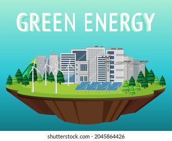 Green energy generated by wind turbine and solar panel illustration