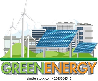 Green energy generated by wind turbine and solar panel illustration