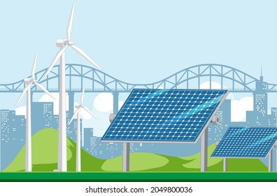 Green energy generated by wind turbine and solar panel illustration