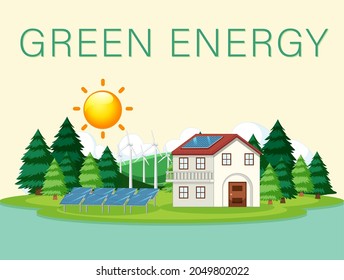 Green energy generated by wind turbine and solar panel illustration