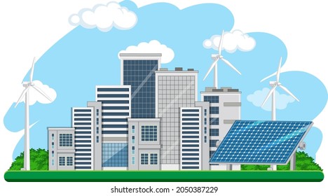 Green energy generated by wind turbine and solar panel illustration