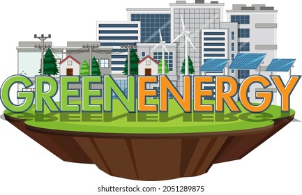 Energía verde generada por turbinas eólicas e ilustración del panel solar