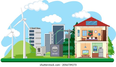 Energía verde generada por turbinas eólicas e ilustración del panel solar
