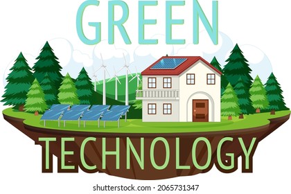 Green energy generated by wind turbine and solar panel illustration