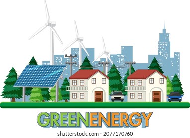 Energía verde generada por turbinas eólicas e ilustración del panel solar