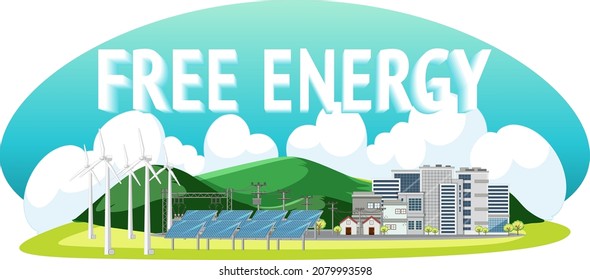 Green energy generated by wind turbine and solar panel illustration