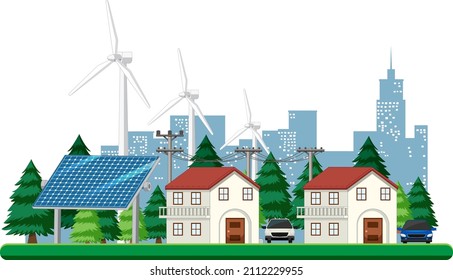 Green energy generated by wind turbine and solar panel illustration