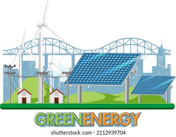 Energía verde generada por turbinas eólicas e ilustración del panel solar