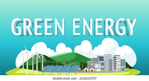 Green energy generated by wind turbine and solar panel illustration