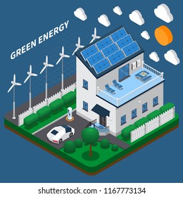 Green energy generation for household consumption isometric composition with roof solar panels and wind turbines vector illustration  